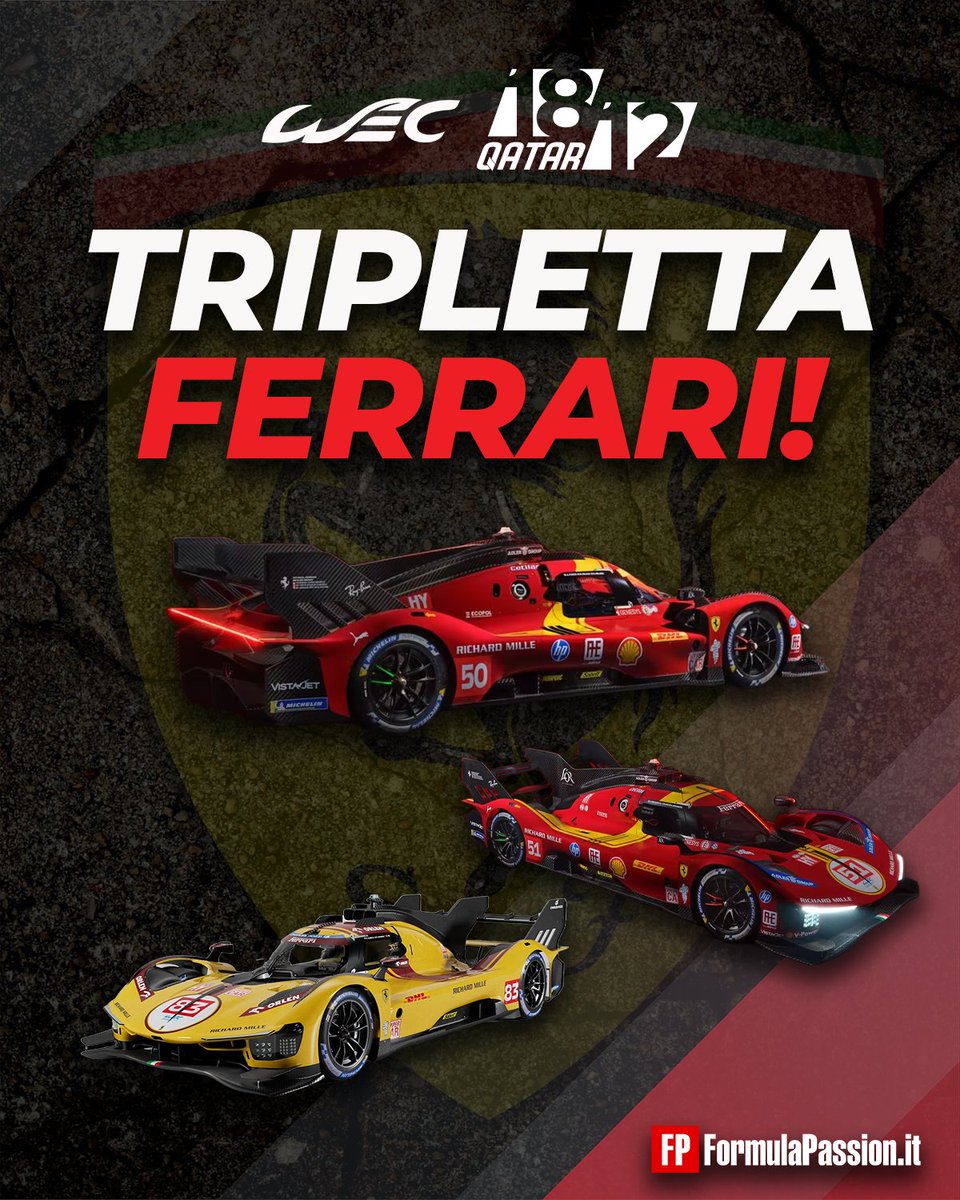 🔴 È TRIPLETTA FERRARI IN QATAR!!!

Storico podio tutto #Ferrari alla 1812 km del Qatar, con la 50 che vince davanti alla 83 e alla 51 ❤️

Non accadeva da Daytona '67 😱

#WEC #Qatar1812km