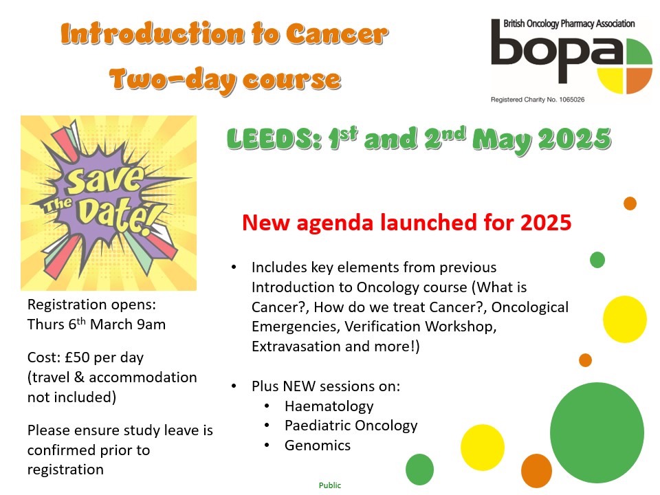 🪫 SAVE THE DATE 🪫 
BOPA Introduction to Cancer Two Day Course
📅Date: 1st &amp; 2nd May, in Leeds
💰Cost: £50 as a contribution to the running of the course
🧑‍🏫Registration: Opens 9am on Thursday 6th March 
#BOPAITC #ITC2025
bopa.org.uk/save-the-date-…