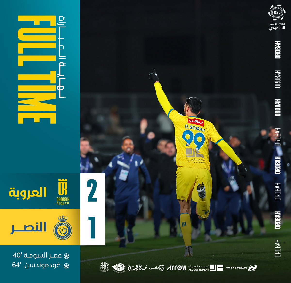 نهاية المباراة

النصر لنا 🤩💪🏻🔥
ألف مبرووووووك لـفـخـر الـجـوف 💙💚💛

العروبة 2 : 1 النصر
⚽️ عمر السومة  '40
⚽️ غودموندسن  '64

#دوري_روشن_السعودي  
#العروبة_النصر