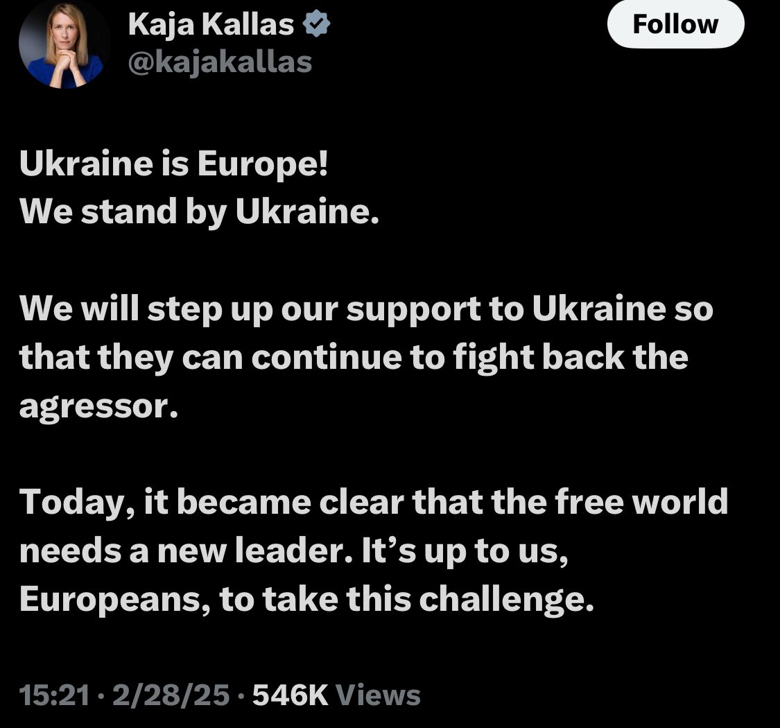 🚨The European Union foreign policy chief Kaja Kallas : “The free world needs a new leader”

The United States is weaker and more isolated than ever.