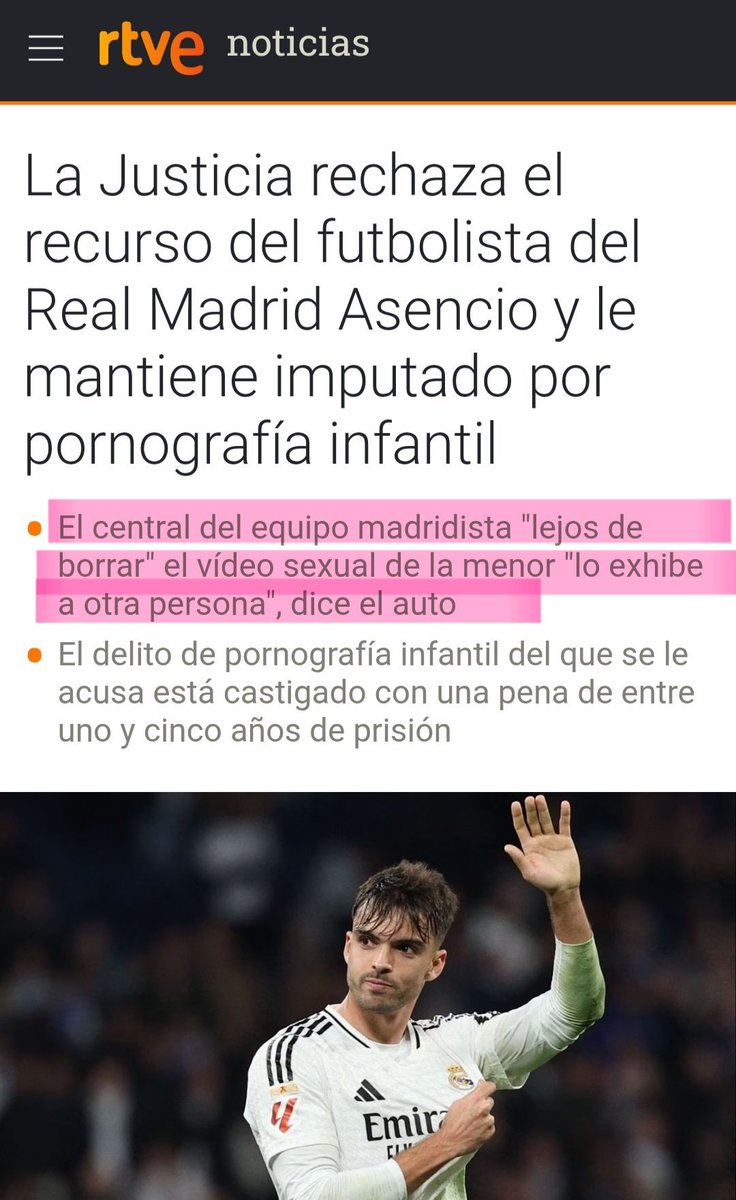<a href="/FonsiLoaiza/">Fonsi Loaiza</a> Dani Carvajal sobre Asencio: "Es un chico que lo está haciendo muy bien, llega pronto y trabaja callado representando los valores de la cantera del Real Madrid.".

"Imputado por pornografía infantil". Poco más que añadir sobre Asencio, Carvajal y "los valores de la cantera".
