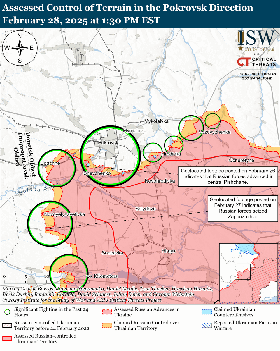 TheStudyofWar's tweet photo. NEW: Ukrainian President Volodymyr Zelensky and US President Donald Trump held a contentious meeting at the White House on February 28. ⬇️(1/2)

- Zelensky observed that Russia has repeatedly violated previous ceasefire agreements, as ISW has reported. 

- Zelensky said that Ukraine will not accept a ceasefire agreement with Russia without sufficient external security guarantees, as such an agreement will fail to preserve Ukraine's sovereignty and prevent war in Europe in the long term.

- Zelensky stated that Russian strikes have not "completely destroyed" Ukraine and that Ukraine is "alive" and continuing to defend itself against Russian aggression. Zelensky reiterated that no country wants to end the war more than Ukraine and that any negotiations to end the war will be between Ukraine and Russia with US and European mediation efforts.

- Trump declined to comment on the possibility of future US security guarantees for Ukraine and US troop deployments to Ukraine. Secretary of State Marco Rubio reportedly told Zelensky to leave the White House following the meeting, and the White House canceled the afternoon press conference and the signing of the US-Ukraine mineral deal.

ISW continues to assess that supporting Ukraine is a vital American national security interest, as is a strong bilateral relationship between the United States and Ukraine.