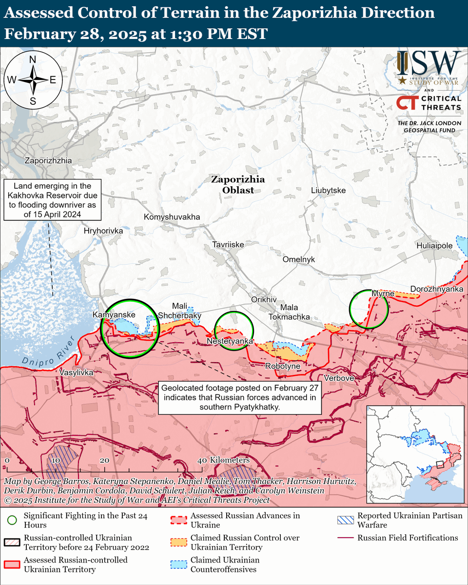 TheStudyofWar's tweet photo. NEW: Ukrainian President Volodymyr Zelensky and US President Donald Trump held a contentious meeting at the White House on February 28. ⬇️(1/2)

- Zelensky observed that Russia has repeatedly violated previous ceasefire agreements, as ISW has reported. 

- Zelensky said that Ukraine will not accept a ceasefire agreement with Russia without sufficient external security guarantees, as such an agreement will fail to preserve Ukraine's sovereignty and prevent war in Europe in the long term.

- Zelensky stated that Russian strikes have not "completely destroyed" Ukraine and that Ukraine is "alive" and continuing to defend itself against Russian aggression. Zelensky reiterated that no country wants to end the war more than Ukraine and that any negotiations to end the war will be between Ukraine and Russia with US and European mediation efforts.

- Trump declined to comment on the possibility of future US security guarantees for Ukraine and US troop deployments to Ukraine. Secretary of State Marco Rubio reportedly told Zelensky to leave the White House following the meeting, and the White House canceled the afternoon press conference and the signing of the US-Ukraine mineral deal.

ISW continues to assess that supporting Ukraine is a vital American national security interest, as is a strong bilateral relationship between the United States and Ukraine.