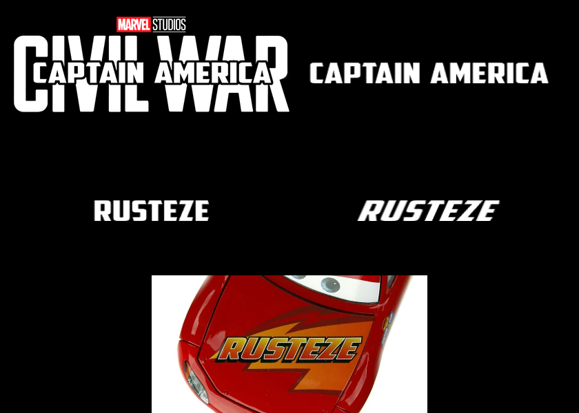 Kerchoo95's tweet photo. The typeface used for the #Rusteze logo that #LightningMcQueen wears at the beginning of #Cars3 (2017) is a modified version of "American Captain," the same typeface used in the logos for the Captain America films. https://t.co/WlyMn3yC7J
