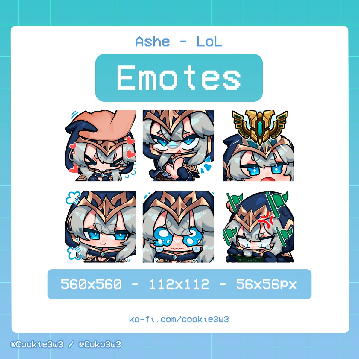 ❄️Ashe emotes available on my Ko-fi .w.!❄️
❄️$5 for the full set ❄️
ko-fi.com/s/b20ab6f5fc
RTs are much appreciated! 😔💙

#Ashe #Leagueoflegends