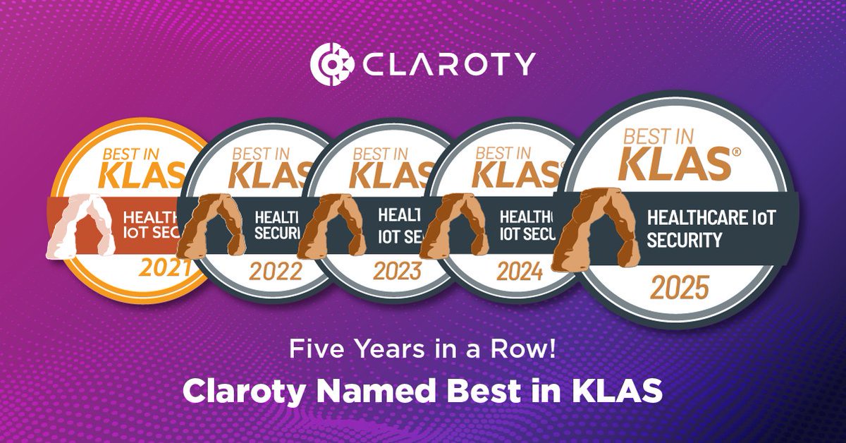 ClarotyHealth's tweet photo. 🏅 We’re proud to be #BestInKLAS for Healthcare IoT Security for five consecutive years! Thank you to our customers and partners for providing invaluable feedback and insights to KLAS Research. Read more: https://t.co/ciAcTHLDQG #BIK2025 #BIK25 #BestinKLAS https://t.co/pppwezGO1p