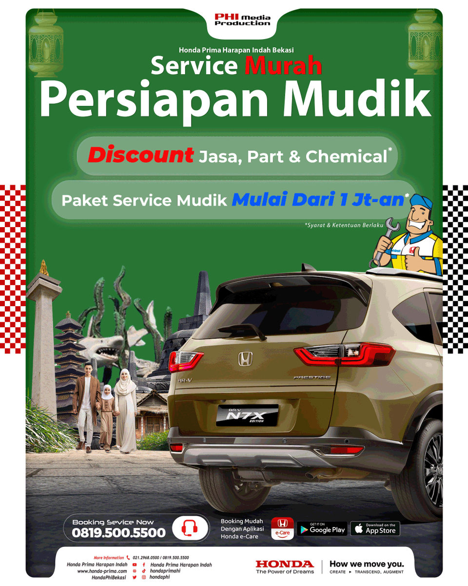HondaPhiBekasi's tweet photo. Promo Service Persiapan Mudik Lebaran.
1. Booking service dapatkan Discount Jasa,Part dan Chemical.
2. Nikamti Paket service Mudik mulai dari 1 Jt-an.
#BookingService #ServiceMobil #DealerMobil #Bekasi #Februari #Puasa #Mudik #Lebaran #Maret #ServiceMurah #Promo https://t.co/6iHi73aryM