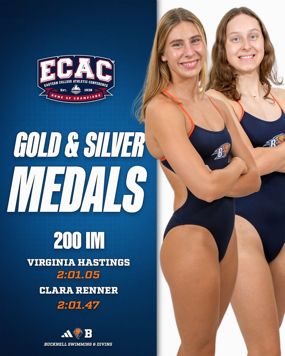 The Bison women have the lead after night one of ECACs! A big reason why is a dominant show in the 200 IM. Virginia Hastings and Clara Renner went 1-2, and Kelly Byrne (4), Skye Sunderhauf (8) &amp; Rylie Giles (9) also scored to give BU 77 points in that event alone! #rayBucknell