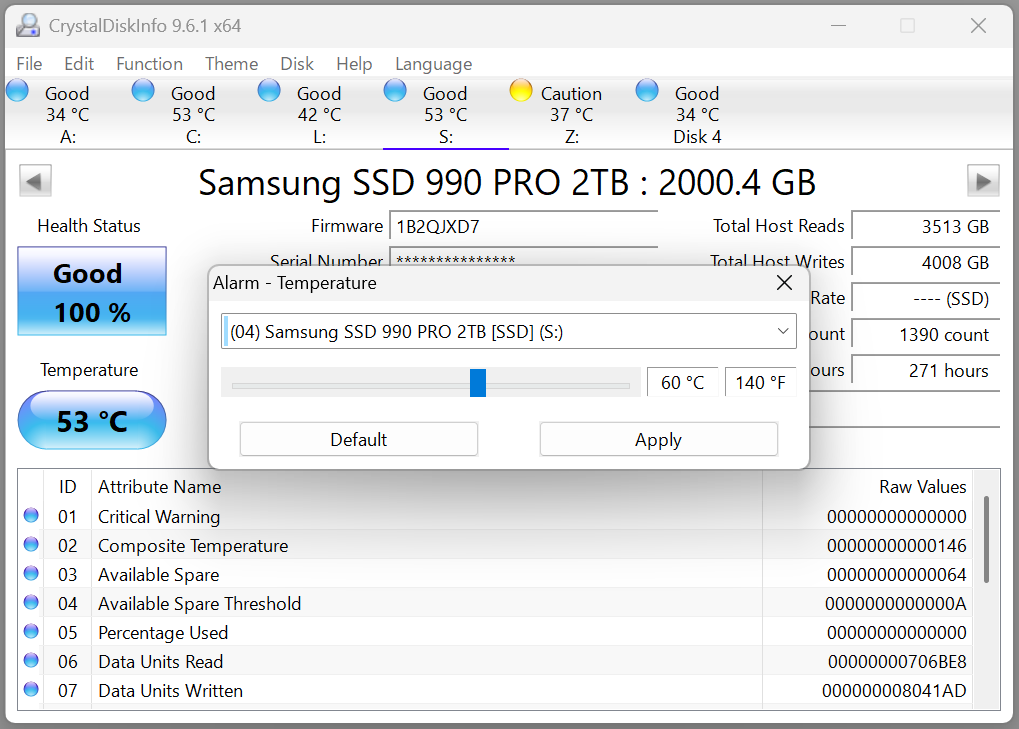 CrystalDiskInfo 9.6.1 Release!
crystalmark.info

9.6.1
- Changed scrollbar to trackbar
- Fixed keyboard behavior of trackbar
 (up for increase, down for decrease)

9.6.0
- Added Phison USB-NVMe support
- Added “Hide RAID volume” option
- Fixed JMicron USB-NVMe support
