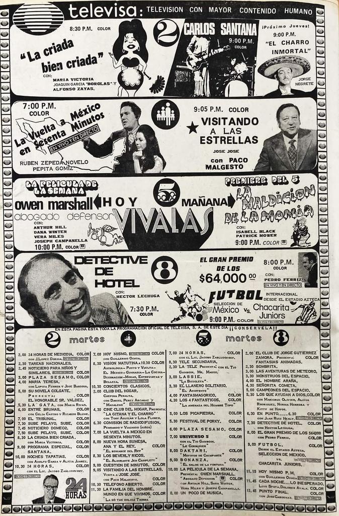 ayamcar's tweet photo. La programación de #Televisa año 1973 #mariavictoria como la criada bien criada #luismanuelpelayo con sube pelayo sube #carlossantana #hectorlechuga #pacomalgesto https://t.co/dMjKZxYIT2