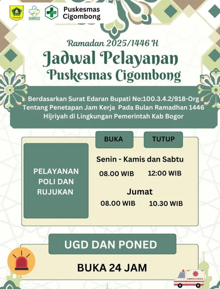 Jadwal pelayanan Puskesmas Cigombong edisi Ramadan.