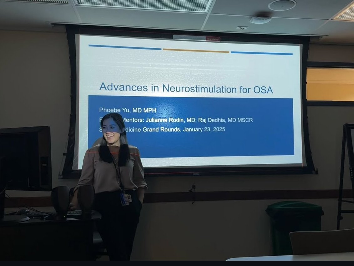 Penn_ENT's tweet photo. Happy #FellowshipFriday! Today, we are highlighting Dr. Phoebe Yu, one of our Sleep Surgery Fellows. Here, she presents on Advances in Neurostimulation for OSA. 🌙💡
#SleepMedicine #Neurostimulation #AdvancesInScience #PennSleep @PennSleep https://t.co/3eU5jlNwI3