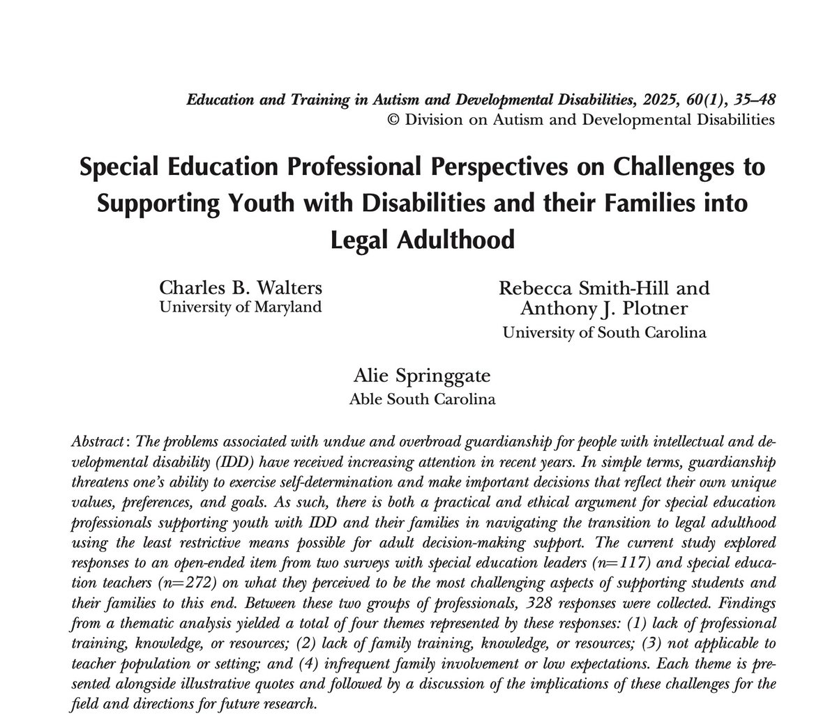 CarolinaCTRL (@carolinactrl) on Twitter photo Check out this article by our very own Alum, Dr. Charles Walters along with <a href="/PLOTnerd/">tony plotner</a> and <a href="/beccabsh/">Rebecca Smith Hill</a> <a href="/DADDCEC/">Division on Autism and Developmental Disabilities</a>
Guardianship and self-determination; can IPSE students exercise their own unique preferences and goals? Check out this article by our very own Alum, Dr. Charles Walters along with <a href="/PLOTnerd/">tony plotner</a> and <a href="/beccabsh/">Rebecca Smith Hill</a> <a href="/DADDCEC/">Division on Autism and Developmental Disabilities</a>
Guardianship and self-determination; can IPSE students exercise their own unique preferences and goals?