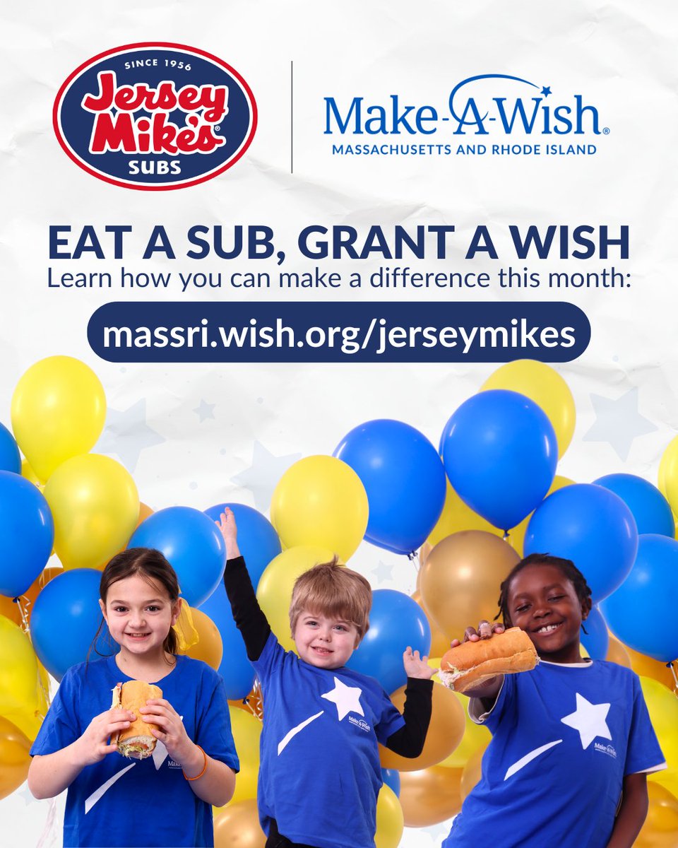 It's Jersey Mike's Month of Giving! During March, 7 participating stores will be raising funds for us all month long. Then, on March 26, 100% of ALL SALES will be donated to help make wishes come true during Jersey Mike's Day of Giving. Learn more at massri.wish.org/JMs