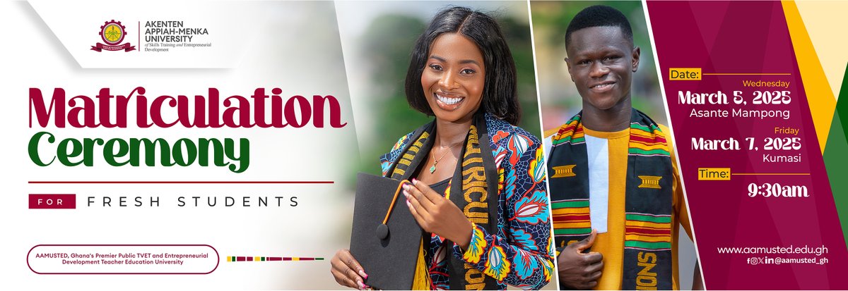 hawking_glow's tweet photo. 🎓✨ AAMUSTED Matriculation Ceremony 2025✨🎓
📍 Asante Mampong: Wednesday, March 5, 2025
📍 Kumasi: Friday, March 7, 2025
⏰ Time: 9:30 AM
#WelcomeToAAMUSTED
#Matriculation2025
#StudyAtAAMUSTED https://t.co/kPRc7WvyiA