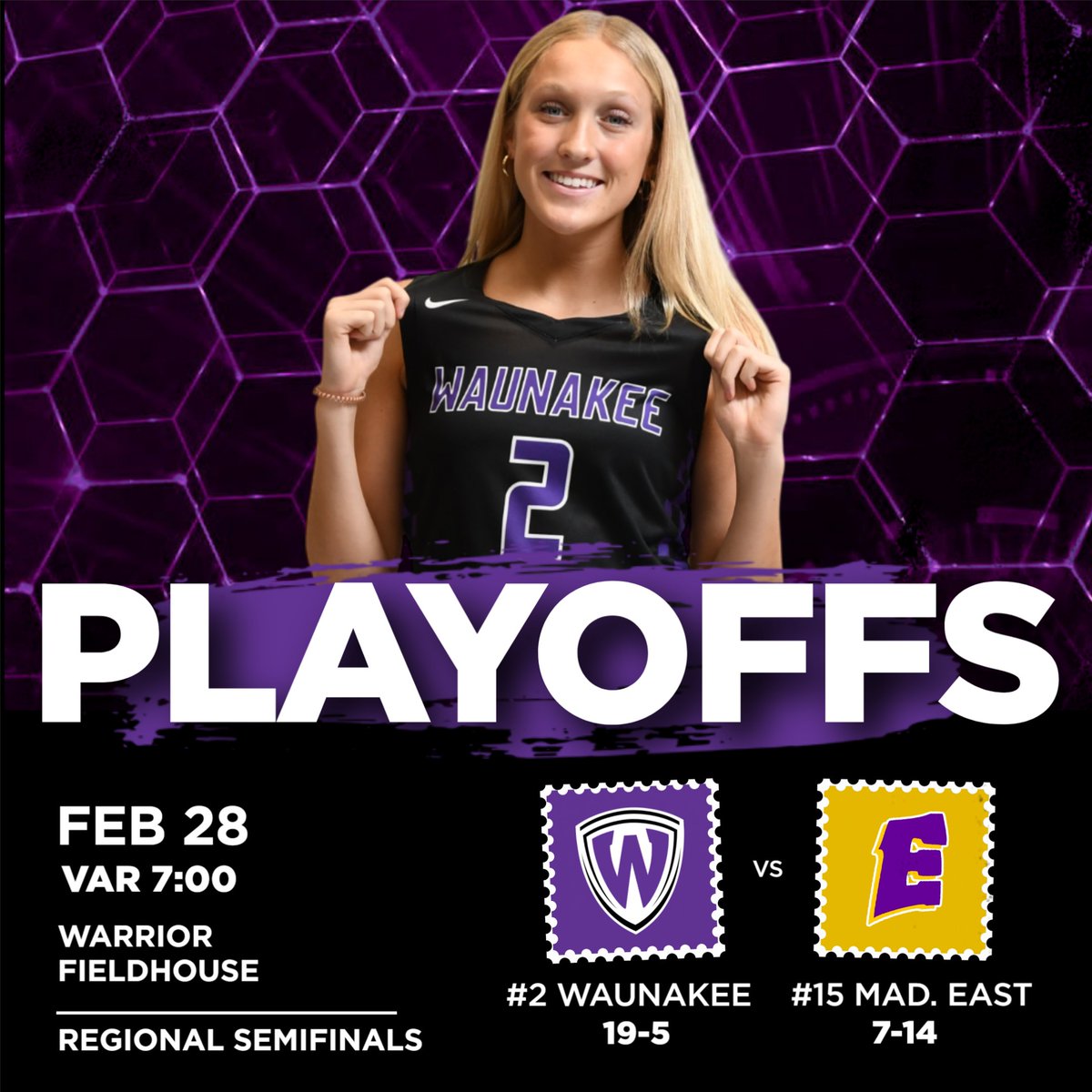 wm_whs's tweet photo. The playoffs start tonight for @waunakeehoops as the #2 Warriors (19-5) host #15 Mad. East (7-14) in a regional semifinal @ 7:00!

SportsNight will be live courtside starting at 6:40

Dominic Rifelj &amp; Colton Tranel will call the action.

Link: https://t.co/0UDUDcQPV0 #waunakeeway https://t.co/zCEv7mz89A