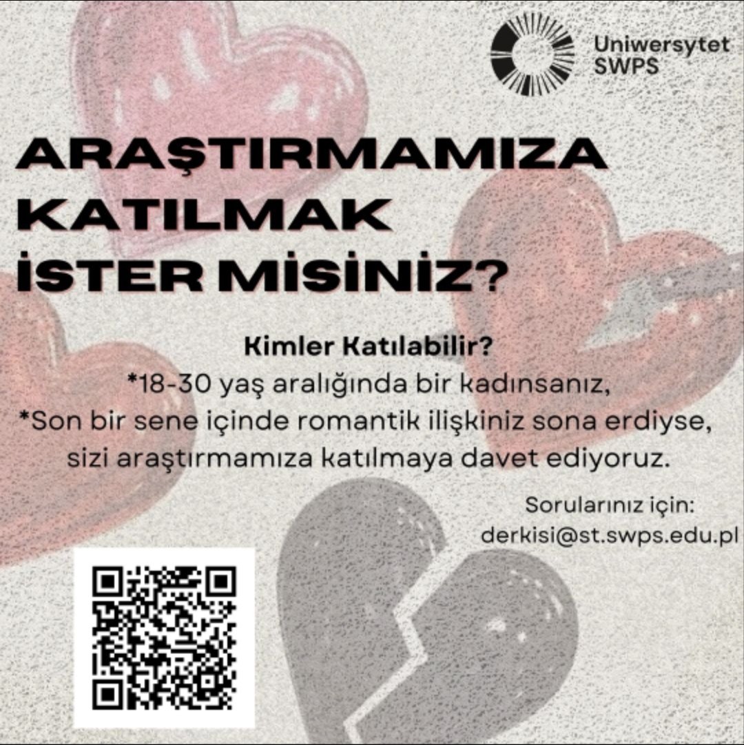 💔Merhaba! Polonya SWPS Üniversitesi Klinik Psikoloji YL programı kapsamında, bilimsel bir araştırma yürütüyoruz. Eğer 18-30 yaş arasında bir kadınsanız ve son bir yıl içinde romantik ilişkiniz bittiyse, katılımınız bizim için çok değerli olacaktır. psychodpt.fra1.qualtrics.com/jfe/form/SV_ab…