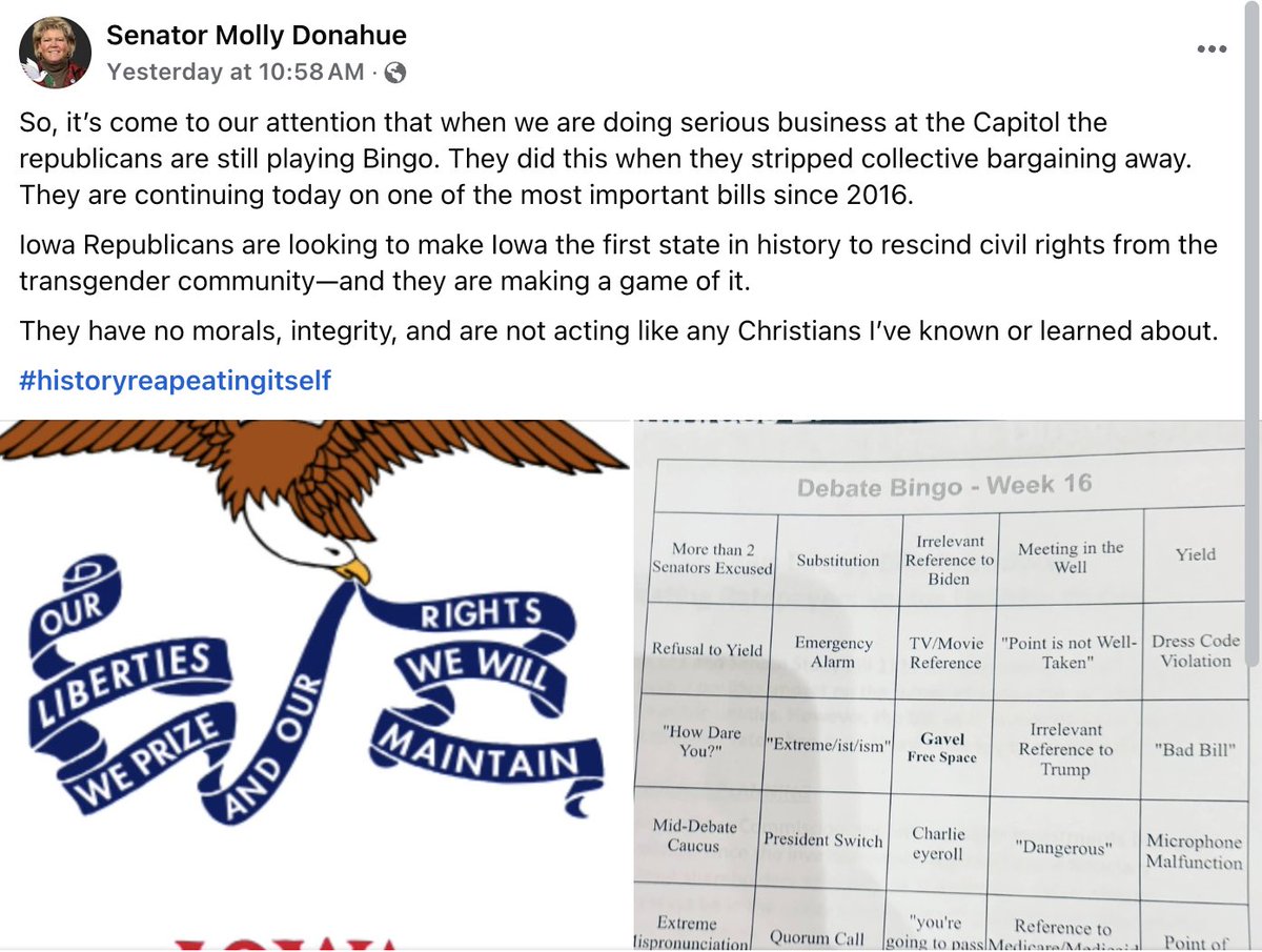 IAStartingLine's tweet photo. Sen. Molly Donahue revealed that a Capitol clerk found a "debate bingo" card sitting out on a Republican legislator's desk on Feb. 27. The only bill on the debate schedule that day was one to remove gender identity as protected class under the Iowa Civil Rights Act. https://t.co/8neGnS5FNO
