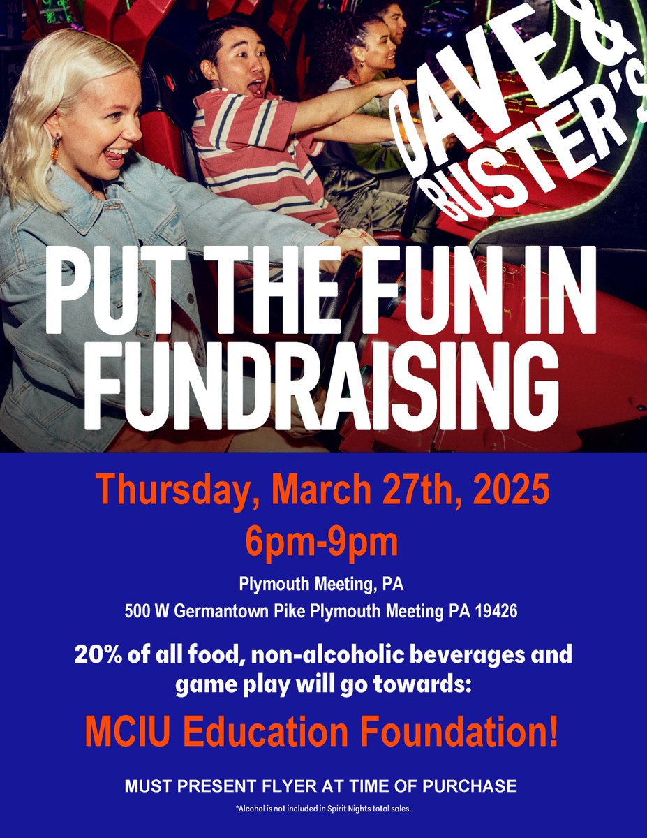 Join us at <a href="/DaveandBusters/">Dave & Buster's</a> on 3/27 from 6-9 PM for a night of fun with friends and family, all while supporting a cause that makes a difference! 

Simply present this flyer, and 20% of all purchases will go towards improving education and supporting students in Montgomery County.