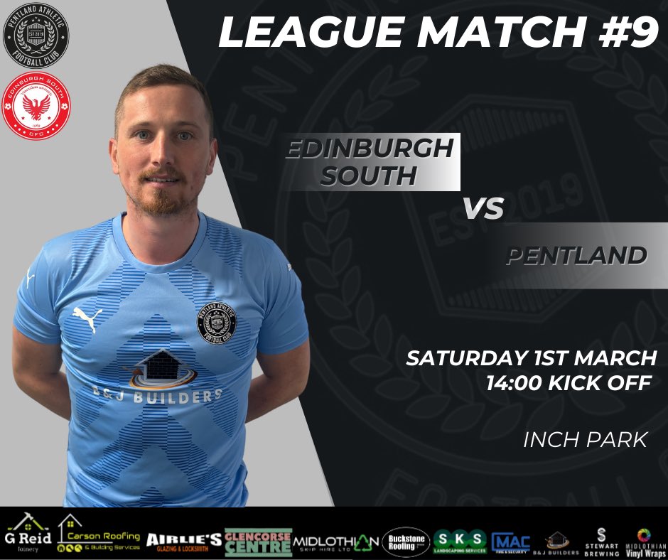 Pentland Athletic FC (@pentlandafc) on Twitter photo Tomorrow we face <a href="/Edinsouth/">Edinburgh South Football Club - Saturdays</a> in the League.
Inch Park - 2pm Kick Off.
As always, any support is appreciated for the lads ⚽️ Tomorrow we face <a href="/Edinsouth/">Edinburgh South Football Club - Saturdays</a> in the League.
Inch Park - 2pm Kick Off.
As always, any support is appreciated for the lads ⚽️