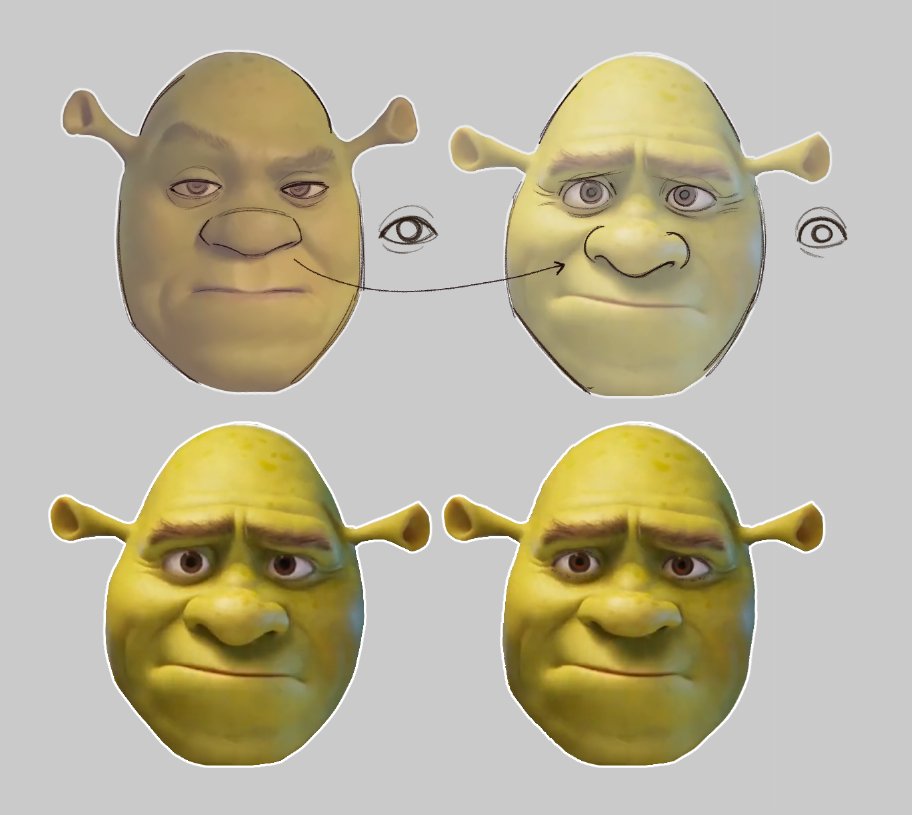 CanalBrushRush's tweet photo. SHREK NOVO: Olhos mais arredondados para uma expressividade mais cartunesca, além de mais próximos e ligeiramente maiores. Nariz menos quadrado, maior na parte debaixo. Careca mais fina, menos abaulada. Rosto menos anguloso? Análise completa semana que vem no canal kkkk https://t.co/hHVSsa9Id7