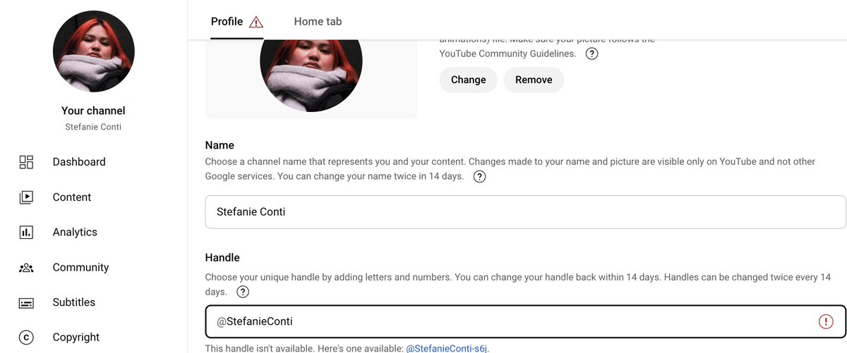 StefanieConti's tweet photo. @TeamYouTube Yes. I have tried those exact instructions. But it is not allowing me to turn my new channel "StefanieBConti" to "StefanieConti" (red exclamation point). But it's available to be changed (green check mark) on my old channel currently named "StefanieContiMusic". https://t.co/rle2zrU5sE
