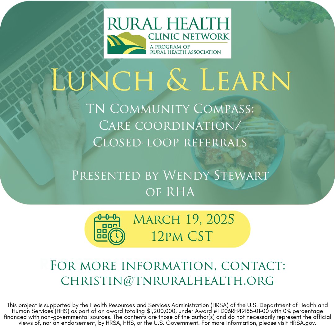 This session will introduce TN Community Compass, a platform designed to improve care coordination and strengthen closed-loop referral systems for Rural Health Clinics (RHCs) and healthcare providers. tr.ee/RHCMarchLunchL…