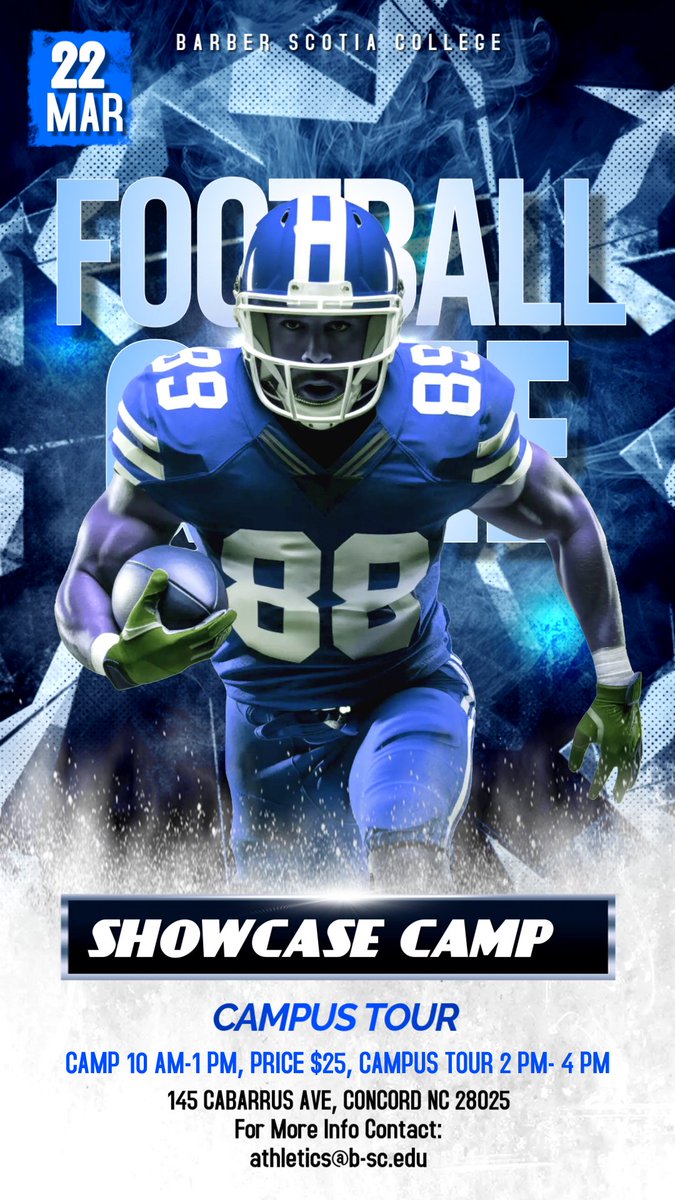 Barber Scotia College 2025
Football Camp &amp; Campus Visit
March 22, 2025 - 10:00AM-1:00PM

Register Below:
docs.google.com/forms/d/e/1FAI…