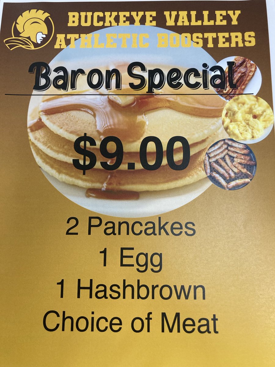 BV_BaronsAD's tweet photo. Buckeye Valley Pancake Day for 50th anniversary.     Menu for tomorrow morning.   Be there Barons!!!

 #BVProud   #GOBarons   #BVProud https://t.co/iMnkcjGxrd