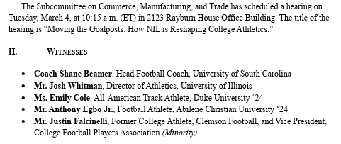 The witness list for Tuesday's U.S. House subcommittee  hearing on college sports and NIL is out:
