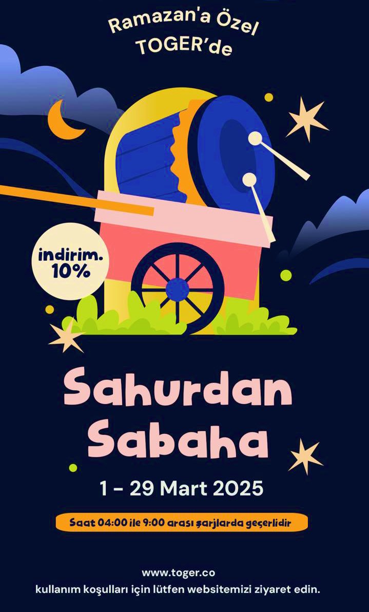 Ramazan'a özel %10 indirim!
Sabah 04:00-09:00 arası tüm AC/DC istasyonlarımızda geçerli.

#Ramazan #Toger