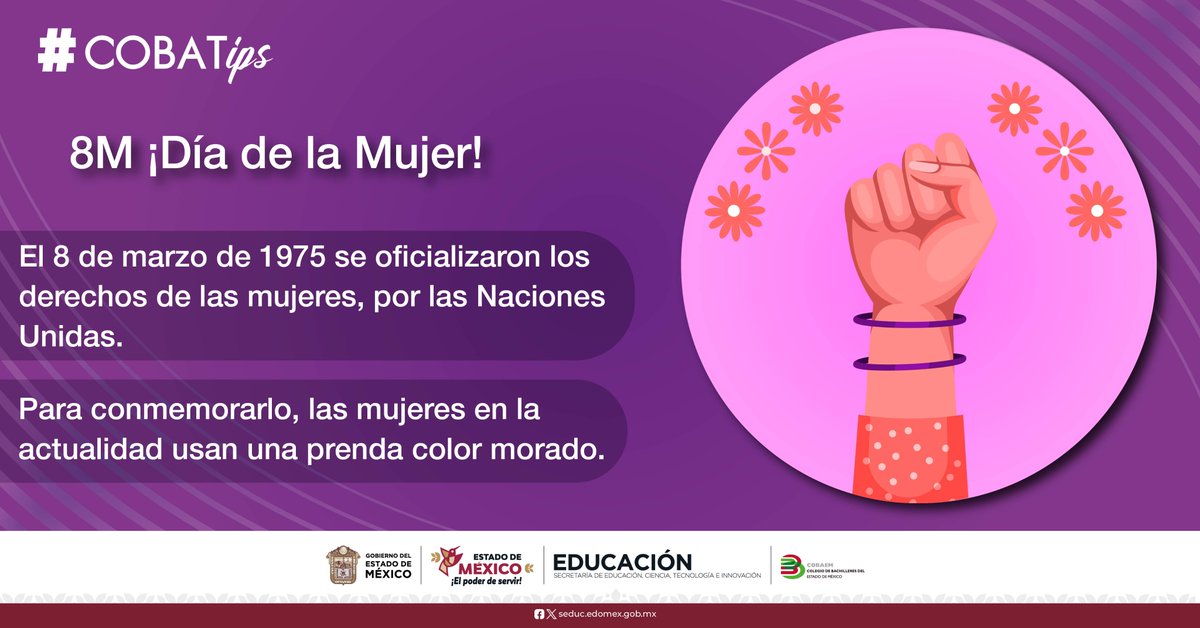 COBAEMex's tweet photo. #COBATips ✍️| ¡Un día para recordar y reivindicar! 💜
El 8M no es solo una fecha, es un recordatorio de siglos de lucha por la igualdad y los derechos de las mujeres en todos los ámbitos.
Pero...¿Cómo puedes aportar en esta fecha para construir un futuro más justo?👇
#SomosCOBAEM https://t.co/WOQWBA7CJy