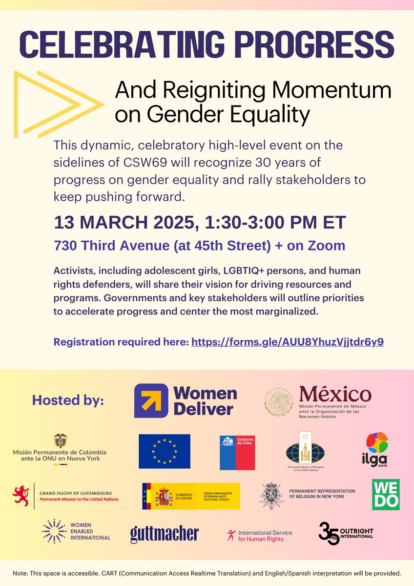📣 Progress isn’t inevitable — we have to push for it.
We’re uniting activists, governments, and civil society to advance gender equality. Join us on 13 March and be part of the movement. 
📍 New York and Online | 🔗 Register now: bit.ly/4i4XpAH