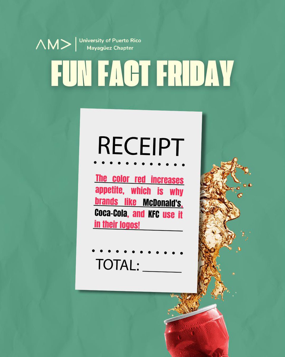 Fun Fact Friday! Ever wonder why so many food brands use red? 

The color red boosts appetite, making you crave more! No wonder McDonald's, Coca-Cola, and KFC all use it in their branding.🌟

#funfactfriday #ama #amauprm #adem #ademuprm #marketing #mayaguez #college #colegio