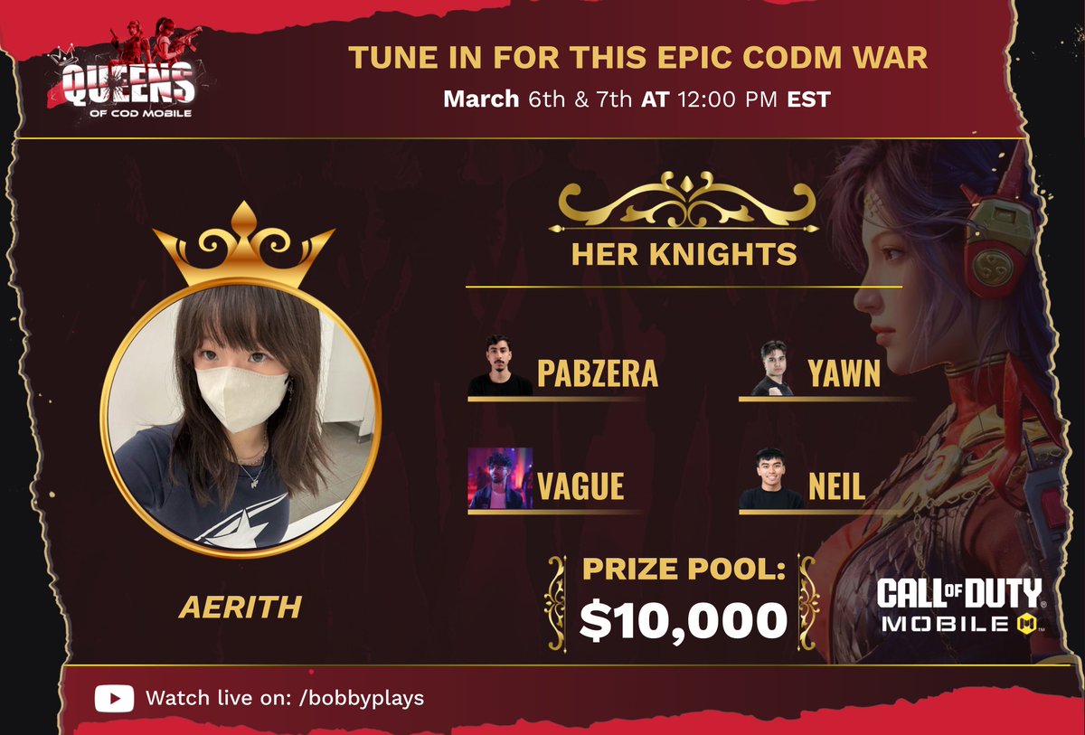 NeilCodm's tweet photo. Playing for Team @Axrith in the @RealBobbyPlays Queens of CODM tournament! Tune in March 6&7 to watch us cook!
#QueensOfCODM #AMPd https://t.co/qMRPOniJz2