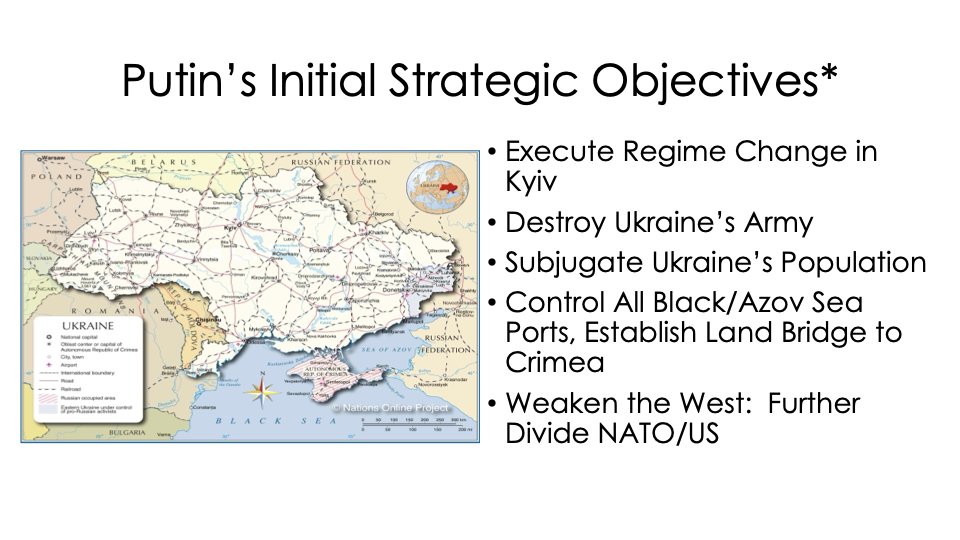 The night before Russia's invasion of Ukraine, I wrote down what I thought would be Putin's strategic objectives and have been using it as a slide.

Until today, I thought he had failed in dividing NATO.  But it seems we're closer to that after today's oval office meeting.