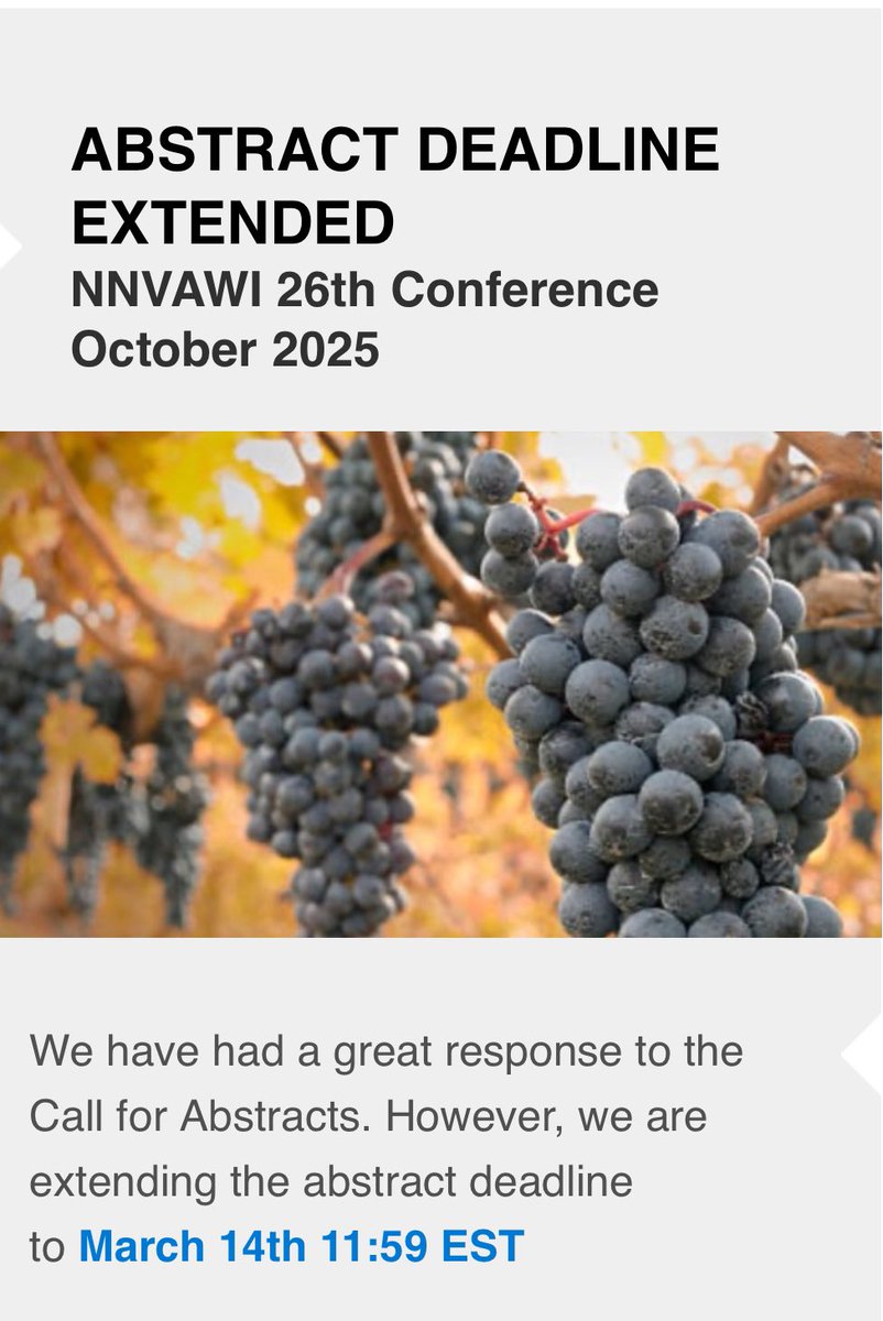 ￼
ABSTRACT DEADLINE EXTENDED
NNVAWI 26th Conference October 2025
￼We have had a great response to the Call for Abstracts but are extending the abstract deadline to March 14th 11:59 EST.
Submitted abstracts can be revised until March 14 deadline!
event.fourwaves.com/nnvawi2025/pag…