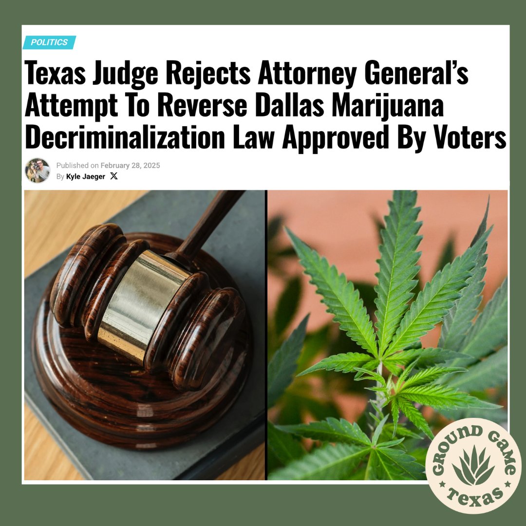 🔥 BIG WIN FOR DALLAS! 🔥

A judge just REJECTED Ken Paxton’s attempt to overturn the voter-approved marijuana decriminalization law! 
This is a HUGE victory for justice &amp; local organizing. When we root organizing in community, we win!

💚 Tag a friend who needs good news!