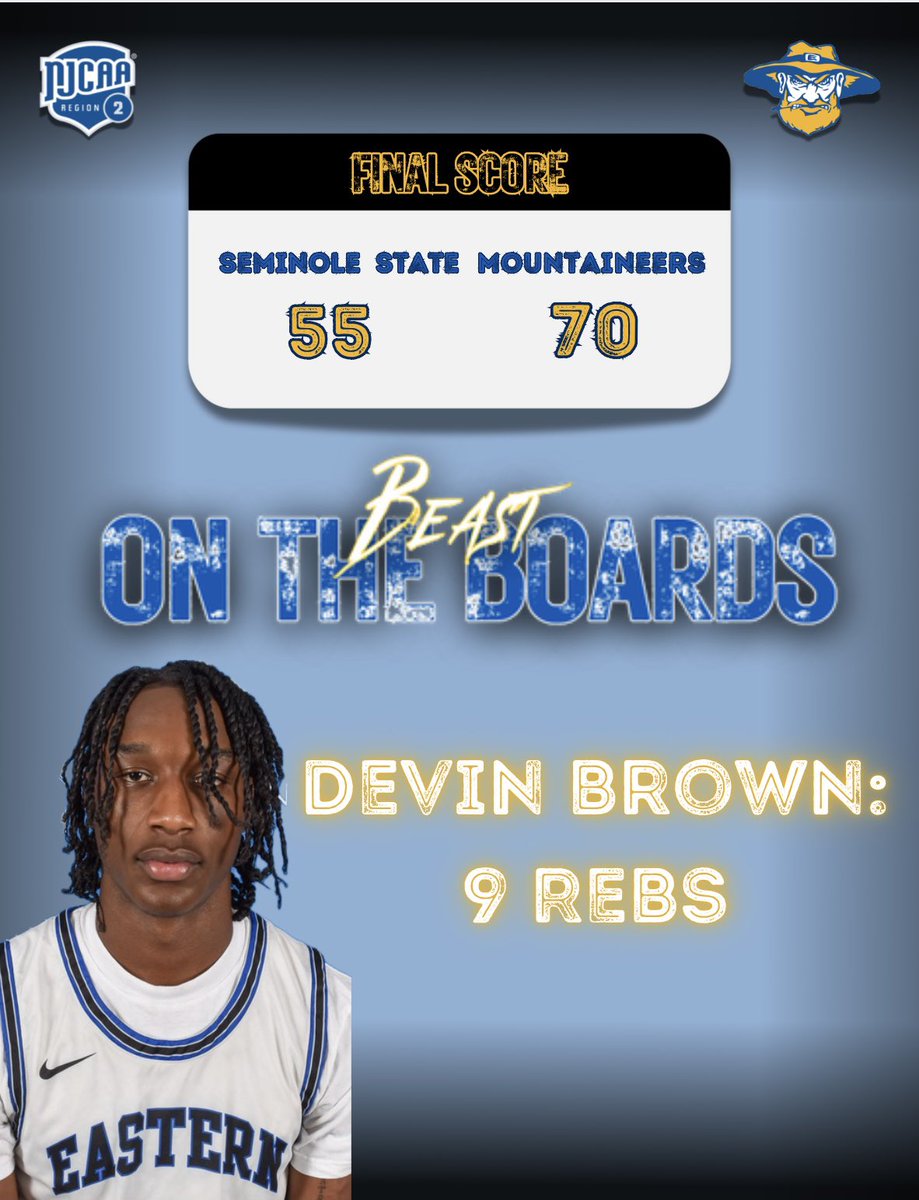 🚨🚨 DUBB ALERT 🚨🚨

We got it done against Seminole State in last night’s game with a final score of 55-70. Devin Brown takes the Beast on the Boards Award with a team-high 9 rebounds! 🔥 #EOSCHoops