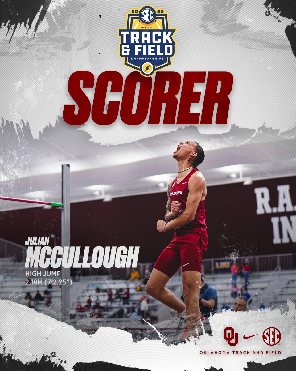 𝙎𝙀𝘾 𝙄𝙣𝙙𝙤𝙤𝙧 𝘾𝙝𝙖𝙢𝙥𝙞𝙤𝙣𝙨𝙝𝙞𝙥𝙨: High Jump

THE FRESHMAN! Julian McCullough clears a massive PB of 2.19m (7'2.25") for fifth, adding 4 points to the men's total! He now sits tied at fourth in OU history!