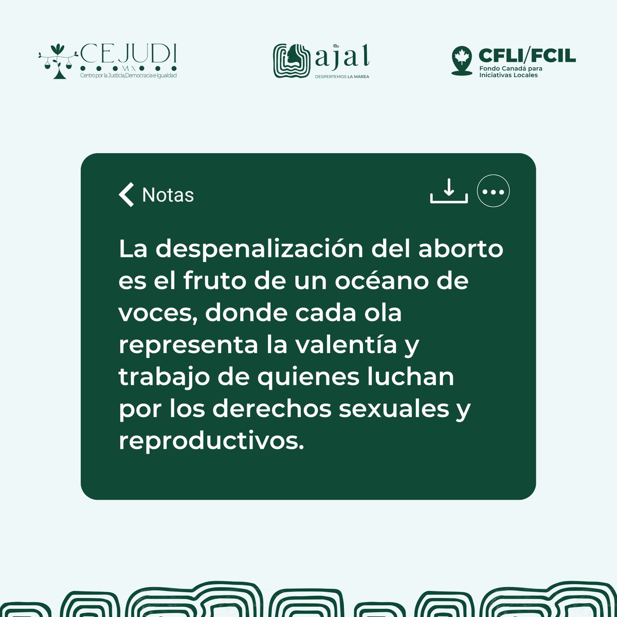 cejudimx's tweet photo. La despenalización del aborto es el reflejo de una marea imparable 🌊. Cada ola lleva consigo la lucha, la resistencia y la esperanza de quienes defienden los derechos sexuales y reproductivos 💚✨.
#Yucatán, ¡es tu turno! 🫵

#AbortoLegal #MareaVerde #Yucatán #FondoCanadáMX https://t.co/sb6XSlXBmQ