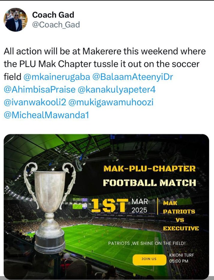 kanakulyapeter4's tweet photo. WHO'S READY FOR FOOTBALL? Join us TOMORROW at the @plumukc football match! Come cheer on our team, show your support for the People's Leader @mkainerugaba! Youths & leaders let's show our strength & unity! Empowered Youths, Better UG
SEE YOU THERE! #MKForPresident https://t.co/xR6qRItbx7