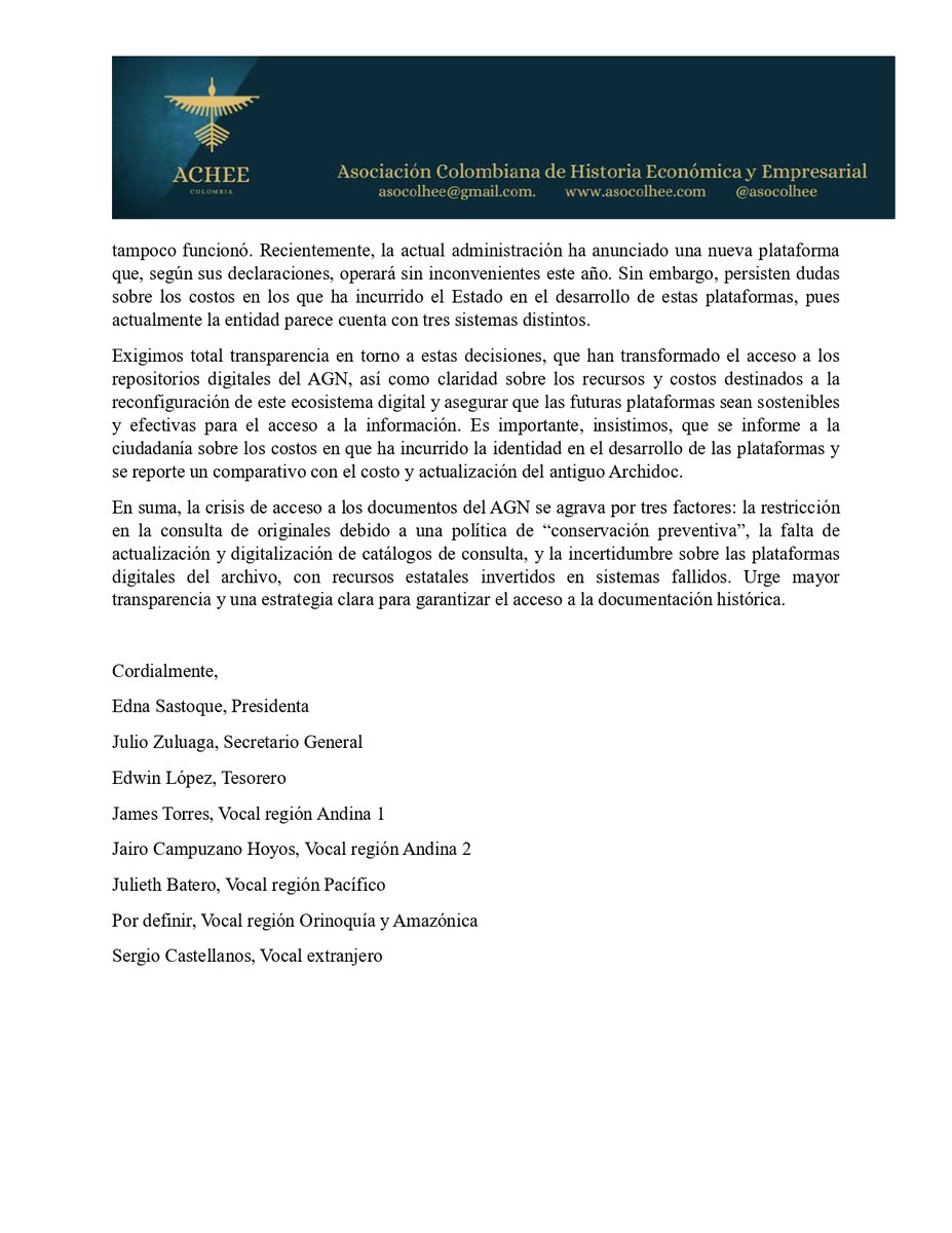 ACHEE (@asocolhee) on Twitter photo ¡Atención, historiadores y académicos!
Desde la Asociación Colombiana de Historia Económica y Empresarial expresamos preocupación por los cambios en el acceso al <a href="/ArchivoGeneral/">Archivo General</a> de la Nación.
Proteger nuestro patrimonio documental es clave.
Lee y comparte.
<a href="/mincultura/">MinCultura Colombia</a> ¡Atención, historiadores y académicos!
Desde la Asociación Colombiana de Historia Económica y Empresarial expresamos preocupación por los cambios en el acceso al <a href="/ArchivoGeneral/">Archivo General</a> de la Nación.
Proteger nuestro patrimonio documental es clave.
Lee y comparte.
<a href="/mincultura/">MinCultura Colombia</a>