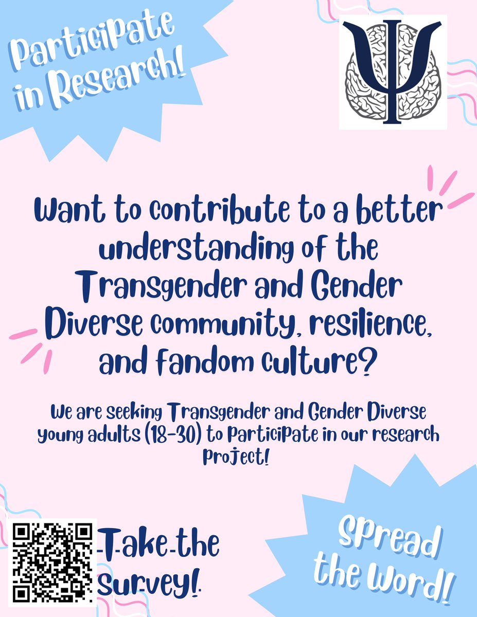 #Fanart Folk! SJNY Psychology Department is conducting a study on resilience factors in Transgender and Gender Diverse young adults. Please consider participating by completing the survey below! It’s anonymous and takes ~25 minutes! Please share!
Survey: sjcny.qualtrics.com/jfe/form/SV_aa…