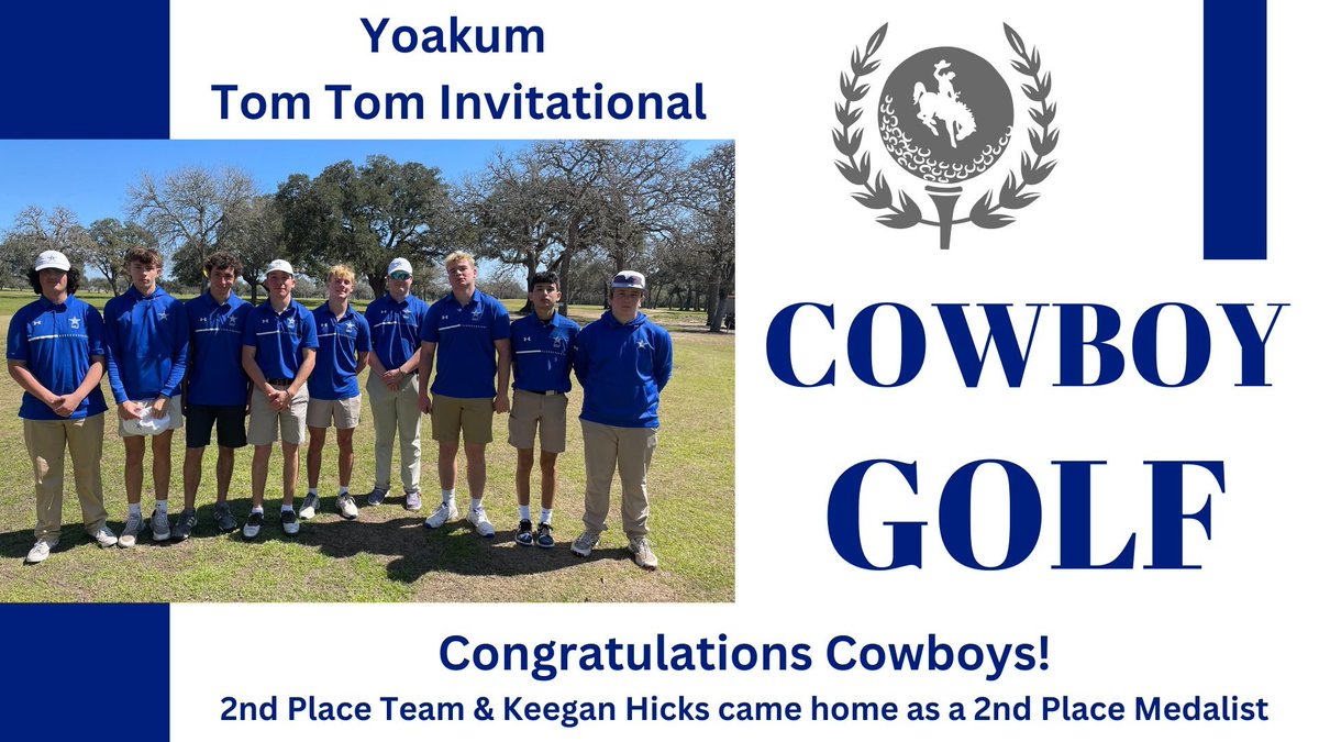 On Tuesday, February 25, the Edna Cowboys Golf Team competed at the Yoakum Tom Tom Golf Tournament, finishing 2nd as a team! 

A special shoutout to Keegan Hicks, who brought home a 2nd place individual medal! 

Great job, Cowboys! Keep swinging for the top!