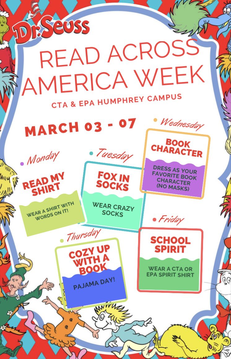 The fun never stops here at CTA/EPA Humphrey! Next week is spirit week in honor of Read Across America Week. 📚📖😎