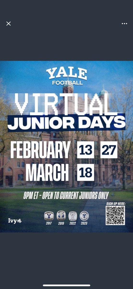 Thank you <a href="/JoshJosefczyk/">Josh Josefczyk</a> for the Junior day 
<a href="/yalefootball/">Yale Football</a> 
<a href="/jciv_/">Coach Campbell IV</a> 
<a href="/Coachpatwins/">Pat Simon</a>