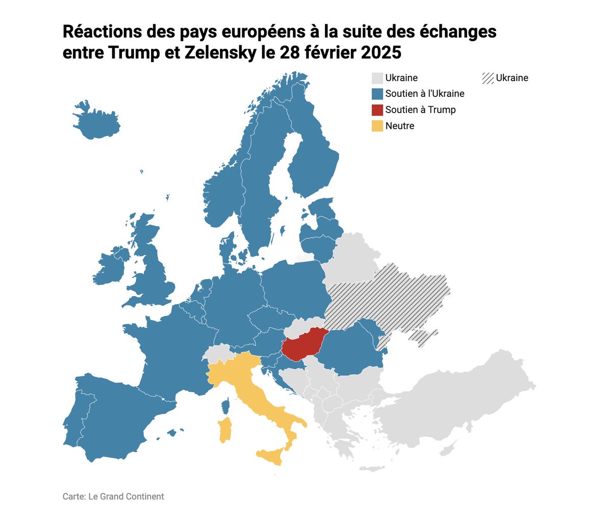 GillesGressani's tweet photo. Où en-sommes nous ?

• L'unité européenne apparaît : 23 pays européens affichent leur soutien envers Zelensky.

• Pour le moment, seule la Hongrie de Orbán soutient le président américain.

• L'Italie de Giorgia Meloni affiche une neutralité ambiguë. https://t.co/4996Uyjb6L