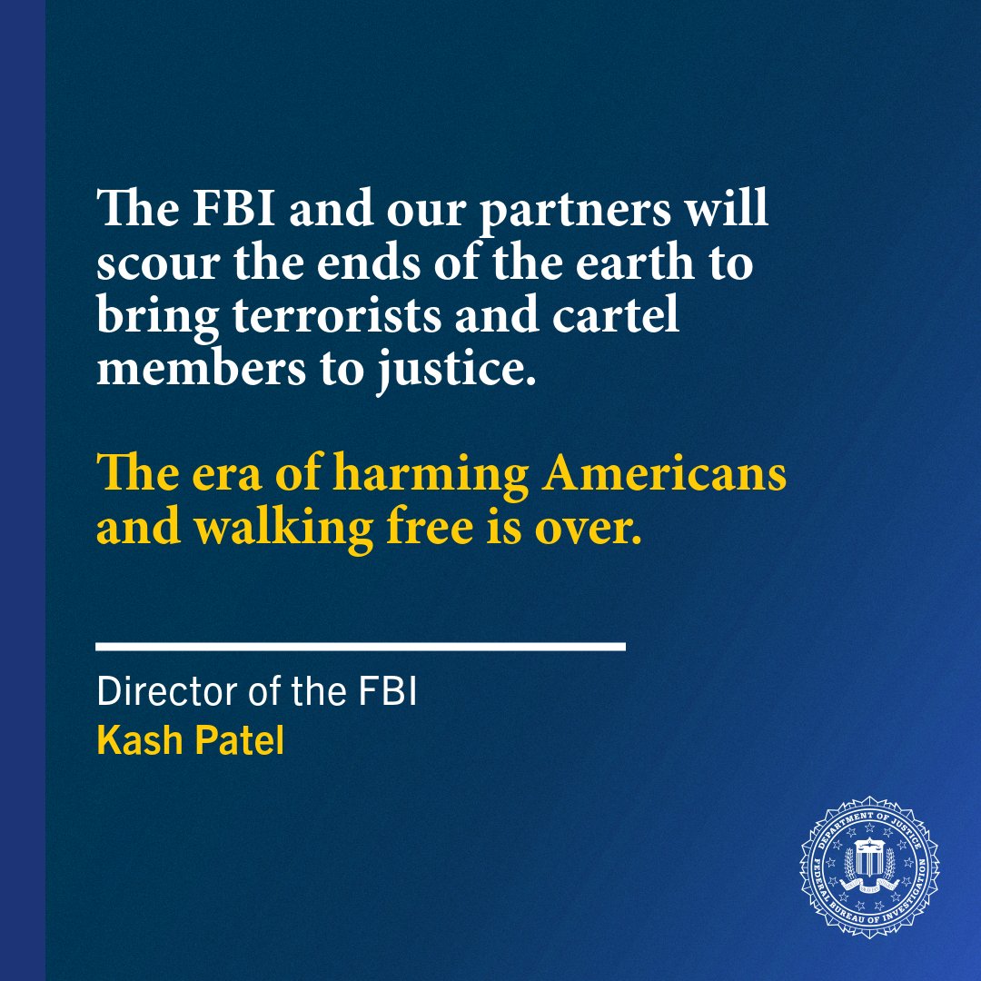 FBI's tweet photo. Today, @FBIDirectorKash announced that the United States has successfully apprehended Rafael Caro Quintero, the notorious cartel kingpin behind the brutal murder of DEA Agent Kiki Camarena. 

Learn more: https://t.co/YATIlmGBtF https://t.co/iOed6YAs8k