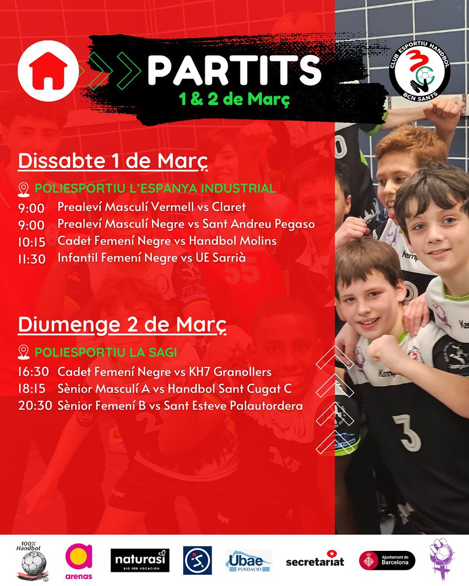 CEH BCN SANTS UBAE (@handbolbcnsants) on Twitter photo 📢 Horaris dels partits del cap de setmana 1 & 2 de març. 
Vine a animar disfressat o disfressada!!! Porta samarretes, bufandes o qualsevol complement divertit que tinguis!! 🎭🥸🥳
Som-hi BCN, som-hi Sants!!! I què visqui el Carnestoltes!!!!!
#HandbolBcnSants #BcnSants #Handbol 📢 Horaris dels partits del cap de setmana 1 & 2 de març. 
Vine a animar disfressat o disfressada!!! Porta samarretes, bufandes o qualsevol complement divertit que tinguis!! 🎭🥸🥳
Som-hi BCN, som-hi Sants!!! I què visqui el Carnestoltes!!!!!
#HandbolBcnSants #BcnSants #Handbol